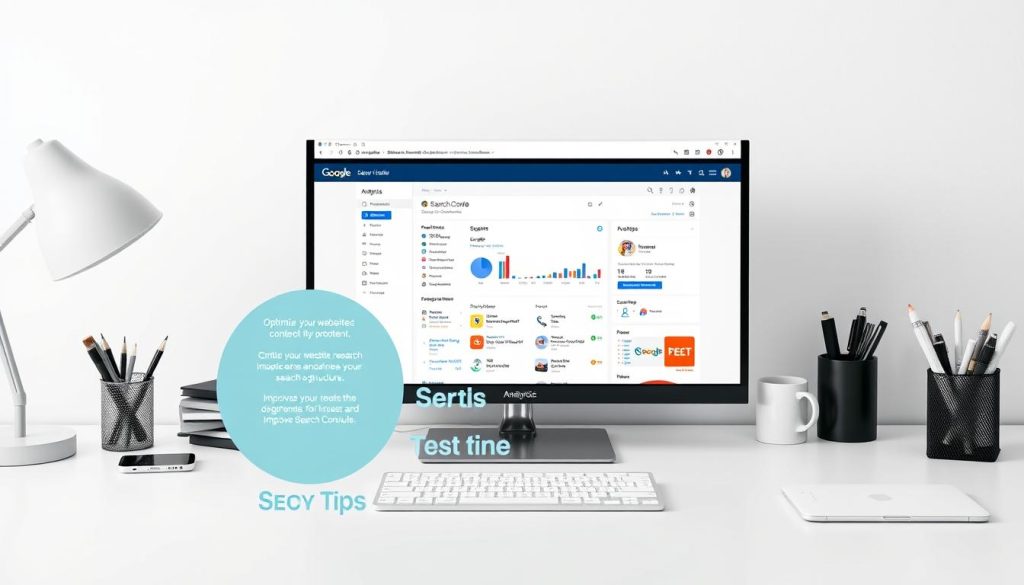 A sleek and modern desktop workspace, with a laptop, smartphone, and various office supplies arranged neatly. In the foreground, a stylized infographic displays key SEO tips, such as optimizing website content, conducting keyword research, and improving site structure. The middle ground features an open web browser window showcasing Google Search Console analytics, providing insights into search performance. The background has a clean, minimalist aesthetic with soft, directional lighting, creating a professional and informative atmosphere. A sleek and modern desktop workspace, with a laptop, smartphone, and various office supplies arranged neatly. In the foreground, a stylized infographic displays key SEO tips, such as optimizing website content, conducting keyword research, and improving site structure. The middle ground features an open web browser window showcasing Google Search Console analytics, providing insights into search performance. The background has a clean, minimalist aesthetic with soft, directional lighting, creating a professional and informative atmosphere.