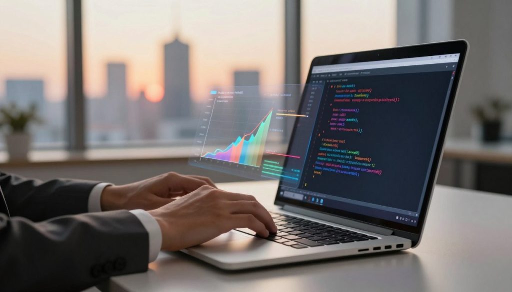 A close-up view of an open laptop displaying lines of optimized code on its screen, set on a sleek, modern desk. In the foreground, colorful graphs and performance metrics float above the laptop, illustrating improved page speed and reduced loading time. The middle ground features a pair of professional hands typing on the keyboard, wearing smart business attire, emphasizing focus and expertise. In the background, a softly glowing city skyline can be seen through a large window, symbolizing connectivity and advancement. The scene is illuminated by warm, inviting lighting, creating a productive atmosphere. The overall mood is one of innovation and efficiency, with a hint of dynamism that reflects the essence of code optimization and web performance enhancement. A close-up view of an open laptop displaying lines of optimized code on its screen, set on a sleek, modern desk. In the foreground, colorful graphs and performance metrics float above the laptop, illustrating improved page speed and reduced loading time. The middle ground features a pair of professional hands typing on the keyboard, wearing smart business attire, emphasizing focus and expertise. In the background, a softly glowing city skyline can be seen through a large window, symbolizing connectivity and advancement. The scene is illuminated by warm, inviting lighting, creating a productive atmosphere. The overall mood is one of innovation and efficiency, with a hint of dynamism that reflects the essence of code optimization and web performance enhancement.