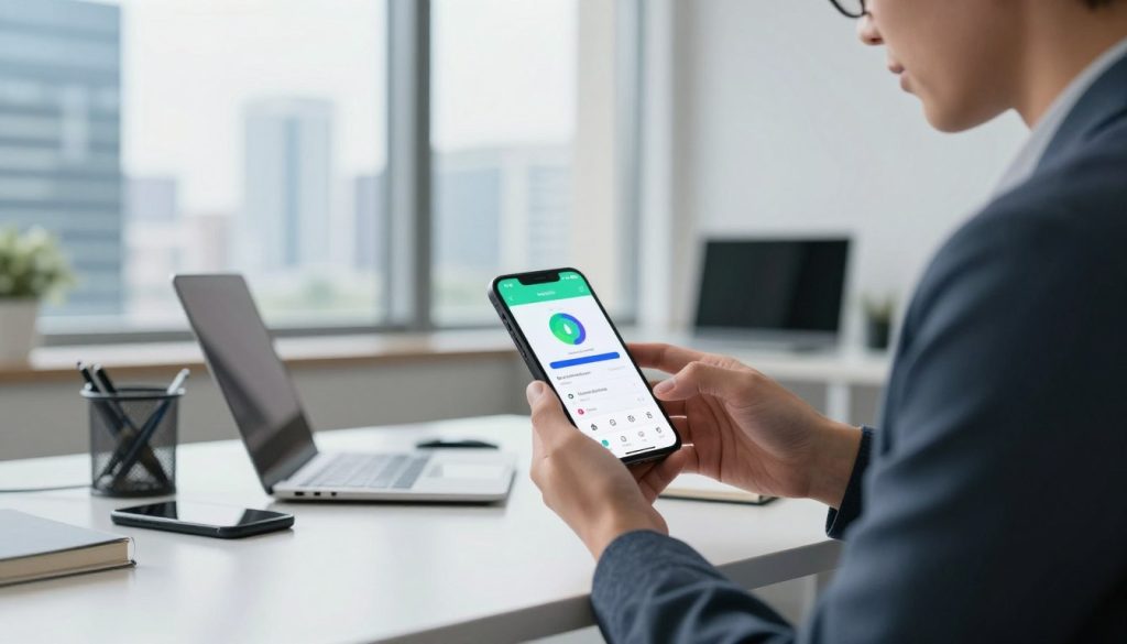 A modern office setting focused on mobile speed testing. In the foreground, a sleek smartphone displays a vibrant speed test app interface, showcasing a progress bar and metrics like download and upload speeds. In the middle ground, a professional individual, dressed in smart casual attire, intently analyzes the phone's results while seated at a minimalist desk cluttered with tech gadgets. The background features a large window with natural light streaming in, illuminating a cityscape of sleek buildings, emphasizing a tech-savvy environment. The overall mood is focused and innovative, with a clear focus on the concept of mobile technology and speed testing. The composition should have a soft depth of field, creating a clean, professional atmosphere suitable for an article about website testing tools. A modern office setting focused on mobile speed testing. In the foreground, a sleek smartphone displays a vibrant speed test app interface, showcasing a progress bar and metrics like download and upload speeds. In the middle ground, a professional individual, dressed in smart casual attire, intently analyzes the phone's results while seated at a minimalist desk cluttered with tech gadgets. The background features a large window with natural light streaming in, illuminating a cityscape of sleek buildings, emphasizing a tech-savvy environment. The overall mood is focused and innovative, with a clear focus on the concept of mobile technology and speed testing. The composition should have a soft depth of field, creating a clean, professional atmosphere suitable for an article about website testing tools.