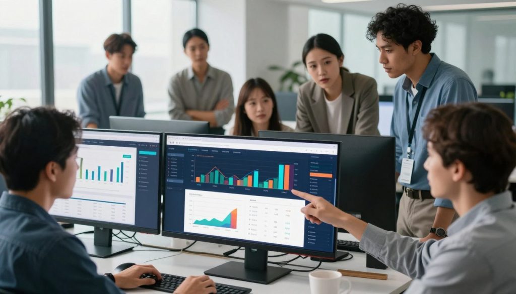 A modern, sleek workspace showcasing an array of website performance metrics on multiple computer screens. In the foreground, a high-resolution monitor displays vibrant graphs and charts analyzing load times, user engagement, and bounce rates. The middle layer features a diverse group of business professionals, dressed in smart casual attire, discussing insights from the data, pointing at the charts with expressions of focus and collaboration. The background has a bright, airy office environment with large windows allowing natural light to enhance the scene and emphasize a sense of innovation and productivity. The overall mood is energetic and forward-thinking, captured with a soft focus that conveys depth and professionalism. A modern, sleek workspace showcasing an array of website performance metrics on multiple computer screens. In the foreground, a high-resolution monitor displays vibrant graphs and charts analyzing load times, user engagement, and bounce rates. The middle layer features a diverse group of business professionals, dressed in smart casual attire, discussing insights from the data, pointing at the charts with expressions of focus and collaboration. The background has a bright, airy office environment with large windows allowing natural light to enhance the scene and emphasize a sense of innovation and productivity. The overall mood is energetic and forward-thinking, captured with a soft focus that conveys depth and professionalism.