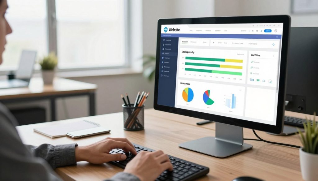A modern workspace featuring a sleek computer monitor displaying a visual representation of a website load time checker. In the foreground, the monitor shows a colorful, user-friendly dashboard with graphs and metrics indicating loading speeds, optimized for clarity and detail. A pair of hands in professional business attire is positioned on a sleek keyboard, suggesting active engagement. In the middle ground, a stylish desk is adorned with tech gadgets like a smartphone and a notepad. The background features a well-lit office environment with large windows allowing natural light to brighten the scene, enhancing a feeling of productivity and focus. The overall atmosphere conveys efficiency and professionalism, inviting viewers to explore the tools and methods for optimizing website performance. A modern workspace featuring a sleek computer monitor displaying a visual representation of a website load time checker. In the foreground, the monitor shows a colorful, user-friendly dashboard with graphs and metrics indicating loading speeds, optimized for clarity and detail. A pair of hands in professional business attire is positioned on a sleek keyboard, suggesting active engagement. In the middle ground, a stylish desk is adorned with tech gadgets like a smartphone and a notepad. The background features a well-lit office environment with large windows allowing natural light to brighten the scene, enhancing a feeling of productivity and focus. The overall atmosphere conveys efficiency and professionalism, inviting viewers to explore the tools and methods for optimizing website performance.