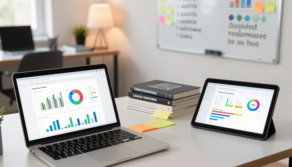 A modern workspace featuring an array of website performance measurement tools. In the foreground, a sleek laptop with a dashboard displaying analytics graphs and performance metrics. Beside it, a tablet showing an overview of page loading times, with colorful visual representations. In the middle ground, an organized desk with sticky notes and technical books on website optimization. In the background, a softly lit office with a whiteboard filled with performance goals and strategies. The lighting is bright yet warm, creating a focused and productive atmosphere. Capture this scene from a slight overhead angle, emphasizing the tools and the organized environment. A modern workspace featuring an array of website performance measurement tools. In the foreground, a sleek laptop with a dashboard displaying analytics graphs and performance metrics. Beside it, a tablet showing an overview of page loading times, with colorful visual representations. In the middle ground, an organized desk with sticky notes and technical books on website optimization. In the background, a softly lit office with a whiteboard filled with performance goals and strategies. The lighting is bright yet warm, creating a focused and productive atmosphere. Capture this scene from a slight overhead angle, emphasizing the tools and the organized environment.