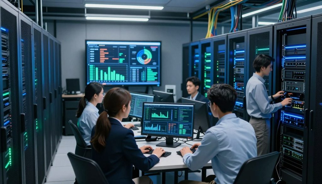 A sleek, modern server room filled with high-performance server racks, glowing with blue and green LED lights. In the foreground, a diverse group of IT professionals, including a woman in a smart business suit and a man in polished casual wear, are collaborating over a server console displaying analytics on response times and optimization metrics. The middle ground features a large digital dashboard showcasing graphs and real-time data, emphasizing server efficiency and speed. In the background, a web of network cables and high-tech equipment creates an atmosphere of cutting-edge technology. The lighting is bright and focused, highlighting the professionals' concentration and the sophisticated devices. The overall mood is energetic and innovative, capturing the essence of server-side optimization for enhanced website performance. A sleek, modern server room filled with high-performance server racks, glowing with blue and green LED lights. In the foreground, a diverse group of IT professionals, including a woman in a smart business suit and a man in polished casual wear, are collaborating over a server console displaying analytics on response times and optimization metrics. The middle ground features a large digital dashboard showcasing graphs and real-time data, emphasizing server efficiency and speed. In the background, a web of network cables and high-tech equipment creates an atmosphere of cutting-edge technology. The lighting is bright and focused, highlighting the professionals' concentration and the sophisticated devices. The overall mood is energetic and innovative, capturing the essence of server-side optimization for enhanced website performance.