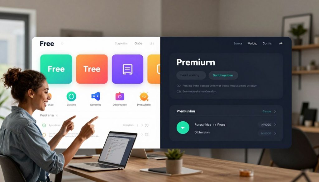 A split-screen image illustrating the comparison between free and premium plugins. On the left side, depict a user-friendly interface showcasing free plugins with a vibrant design, colorful icons, and cheerful mood lighting, emphasizing accessibility and creativity. The foreground features an enthusiastic user in smart casual attire exploring these options on a sleek laptop. On the right side, portray a more sophisticated and polished premium plugin interface with elegant layouts, showcasing advanced features, rich textures, and subtle shadows, conveying professionalism and quality. The background blends office elements, such as a modern workspace with motivational decor. Use balanced, soft lighting to create a positive and informative atmosphere, highlighting the contrast between affordability and premium value without the inclusion of any text or branding elements.