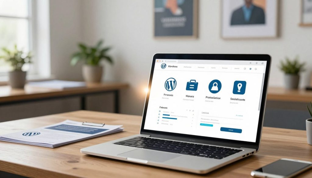 A visually engaging representation of WordPress security plugins, centered around a sleek, modern desktop workspace. In the foreground, a close-up of a laptop screen displaying security plugin icons and graphs, showcasing features like firewalls, malware protection, and login security alerts. The middle layer features a stylish wood desk with security pamphlets and a phone, conveying a sense of professionalism and preparedness. In the background, a softly blurred view of a well-lit office environment with potted plants and motivational artwork on the walls, creating a calm yet focused atmosphere. The lighting should be bright and inviting, with a slight glow on the laptop screen to emphasize the importance of online security, enhancing the overall mood of diligence and vigilance in maintaining website safety. A visually engaging representation of WordPress security plugins, centered around a sleek, modern desktop workspace. In the foreground, a close-up of a laptop screen displaying security plugin icons and graphs, showcasing features like firewalls, malware protection, and login security alerts. The middle layer features a stylish wood desk with security pamphlets and a phone, conveying a sense of professionalism and preparedness. In the background, a softly blurred view of a well-lit office environment with potted plants and motivational artwork on the walls, creating a calm yet focused atmosphere. The lighting should be bright and inviting, with a slight glow on the laptop screen to emphasize the importance of online security, enhancing the overall mood of diligence and vigilance in maintaining website safety.
