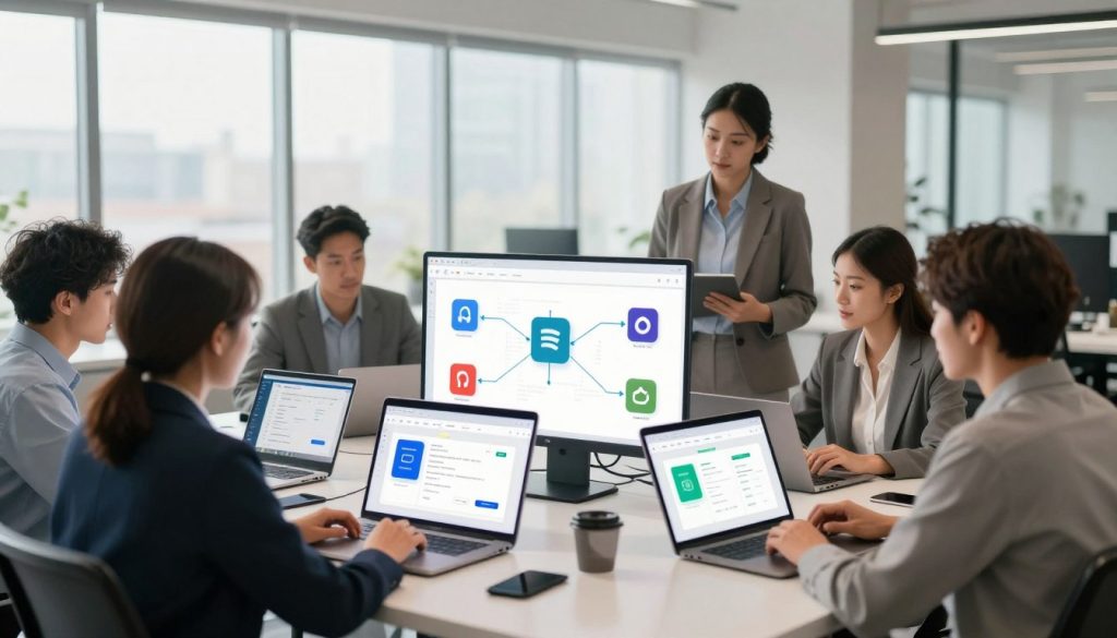 A visually striking illustration of plugin compatibility, featuring a modern office environment. In the foreground, a diverse group of professionals, dressed in business attire, are gathered around a large digital interface displaying colorful plugin icons seamlessly connecting with different software interfaces. In the middle ground, an array of connected devices like laptops and tablets showcase various applications working together harmoniously. The background reveals a bright, airy office space with large windows letting in soft, natural light, creating an inviting atmosphere. The scene conveys a sense of collaboration and innovation, highlighting the importance of choosing the right plugins for optimal functionality. Use soft focus on the background to enhance the depth of field, drawing attention to the interaction between the professionals and the digital elements.
